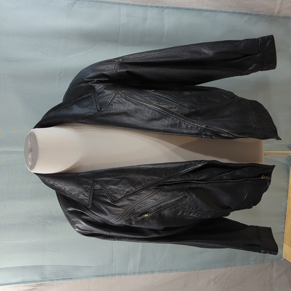 Men's Genuine Leather Motorcycle Bomber Jacket Black Size S
